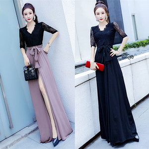 Deep V lead open long dress play thin sexy waist dress  