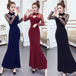 Female new sexy fishtail long lace stitching collar long dress