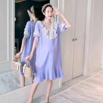 Pregnant women dress summer new fashion Korean loose tide mom summer skirt V collar lace senior maternity