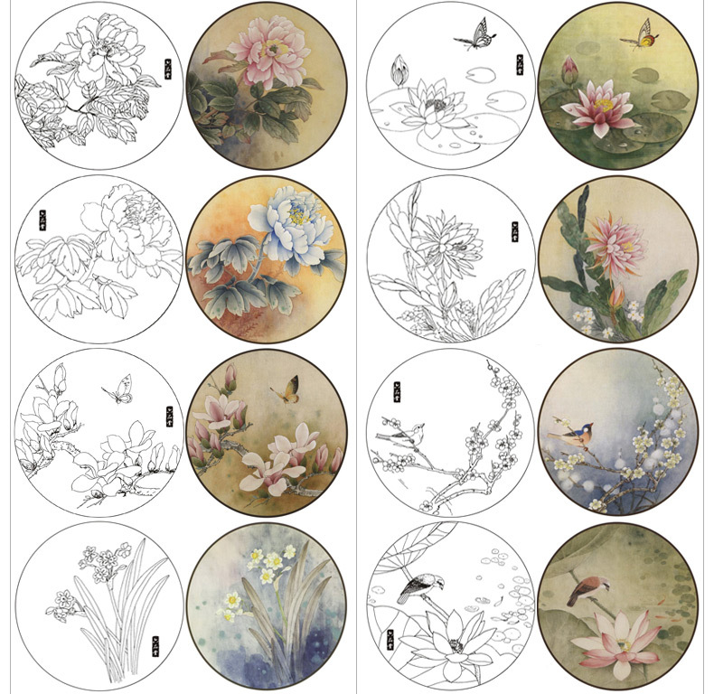 工笔画白描底稿初学者勾线上色国画教程工笔画临摹毛笔熟宣套装