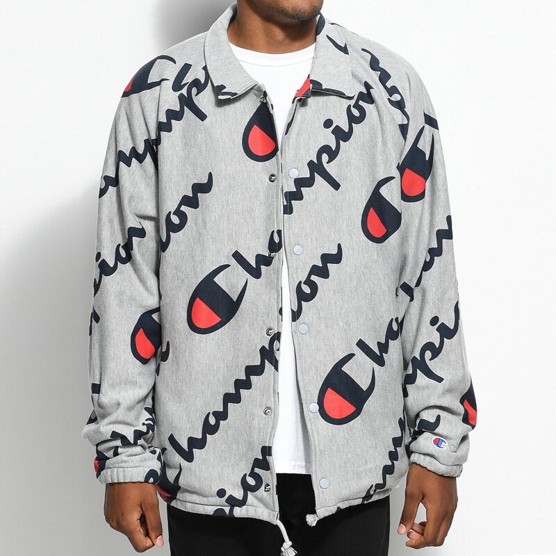 champion 正品美国潮牌 草写字母满印花 教练夹克厚棒球外套秋冬_7折