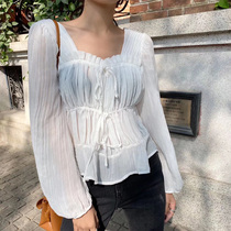 2020 new short drawstring pleated shirt women gentle retro square collar loose thin solid color top