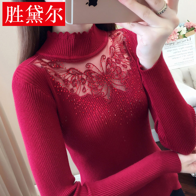 Spring new hot diamond butterfly embroidered hollow high collar repair bottom long-sleeved sweater sweater women's clothing women Spring new hot diamond butterfly embroidered hollow high collar repair bottom long-sleeved sweater sweater women's clothing women