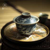 The twelve pure hand-painted blue and white pomegranate bowl Jingdezhen ceramic tea set tea cup tea bowl single retro