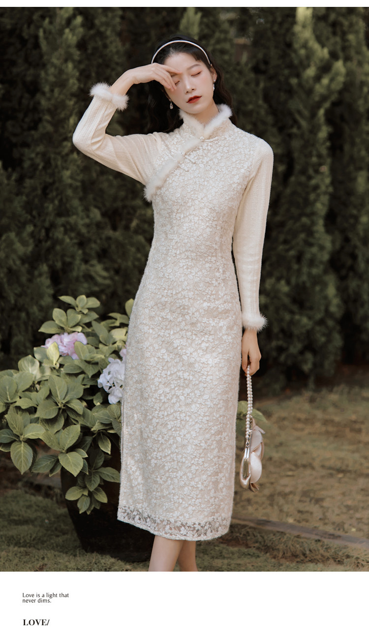 实拍《掬水月在手》针织拼接金丝兔毛厚蕾丝保暖新年白旗袍  40