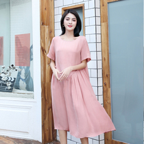 Large size female fat 200 Jin loose summer dress 2021 copper ammonia silk temperament light mature wind belly thin pendulum