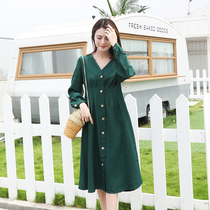 Fat sister spring dress large size womens thin 2021 New V collar long sleeve waist long single breasted dress