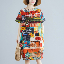 Autumn large size womens thin dress summer cotton and hemp short-sleeved hand-painted medium-long loose