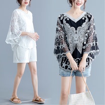 Fat sister womens clothing large size thin real shot summer new sweet age-reducing bat sleeve lace shirt meat jacket