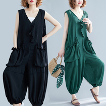 High waist pants womens thin hot autumn plus size jumpsuit V-neck sleeveless vest bloomers nine-point pants