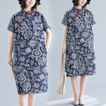 Large size belly cover dress hot new recommended womens stand-up collar buckle medium-long cotton and linen loose