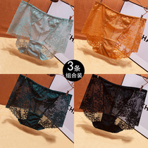 Panties female lace net perspective medium high waist breathable pure cotton crotch big yard fat mm ladies flat knobs summer thin