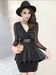 Autumn and winter night club sexy V-Neck long sleeve buttock low chest night dress KTV work dress