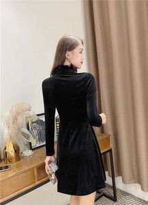 Velvet dress big swing half high collar tied low chest skirt