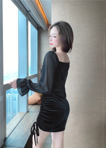 Chiffon sleeve stitched velvet dress with drawstring and buttock for a slim one line collar dress