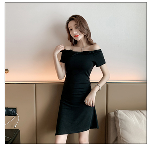 One line off shoulder short sleeve slim wrap hip sexy dress