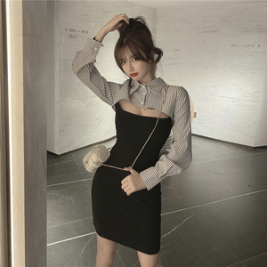 Autumn new shirt collar slim stitching stripe tight hip dress