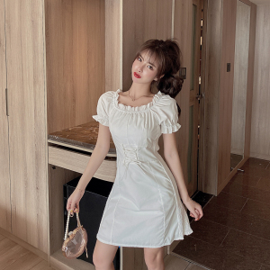 Retro Platycodon skirt shows thin temperament small bubble sleeve square collar dress