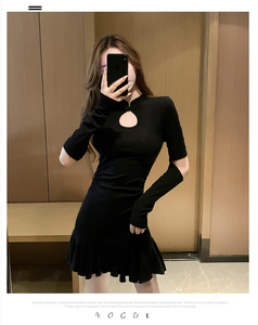 New Retro cheongsam style waistband ruffled Long Sleeve Dress