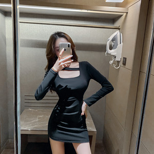 Sexy nightclub low chest buttock small black dress hostess dress