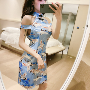 Sexy nightclub printed off shoulder daily cheongsam dress