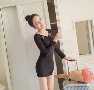 9700 shooting autumn and winter new tight temperament celebrity Korean fashion V-Neck long sleeve lace dress