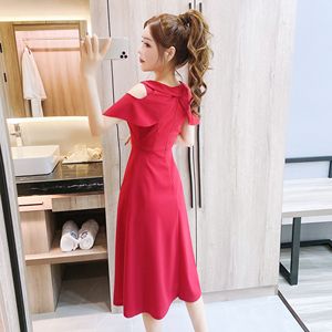 9435 real picture Ruffle edge shoulder revealing new Korean high waist thin medium length dress