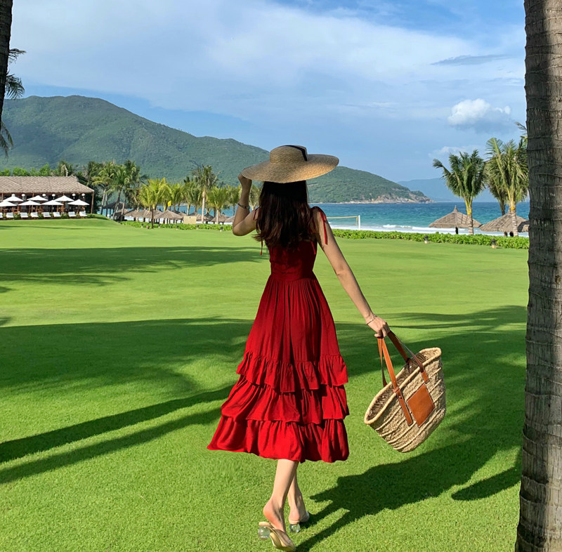 实拍复古收腰荷叶边小红裙蛋糕裙吊带红色连衣裙礼服裙女夏