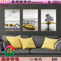 Modern simple golden boat riverside trees landscape decorative painting material landscape picture painting core Joint painting material