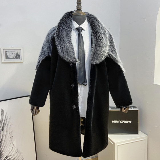 Mine fur men's mink velvet imitation fur long coat thickened and warm casual fox hair collar large size jacket tide Mine fur men's mink velvet imitation fur long coat thickened and warm casual fox hair collar large size jacket tide