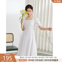 Fan Si Lanen white lace square collar dress female temperament 2021 new waist thin bubble sleeve skirt