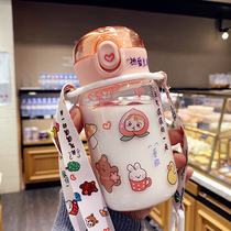 Korean version of simple girl heart glass creative student girl bullet cover straight drinking cup can cross body high temperature resistant cup