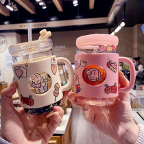 Korean version of anti-hot with handle glass home childrens straw water cup female student cute milk breakfast coffee cup