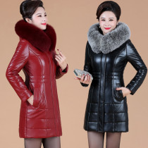 Leather jacket down jacket womens long large size leather womens coat plus velvet thickened mother winter hooded leather cotton coat