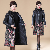 Haining leather leather women long temperament mother dress plus cotton retro Chinese style printed hooded leather jacket