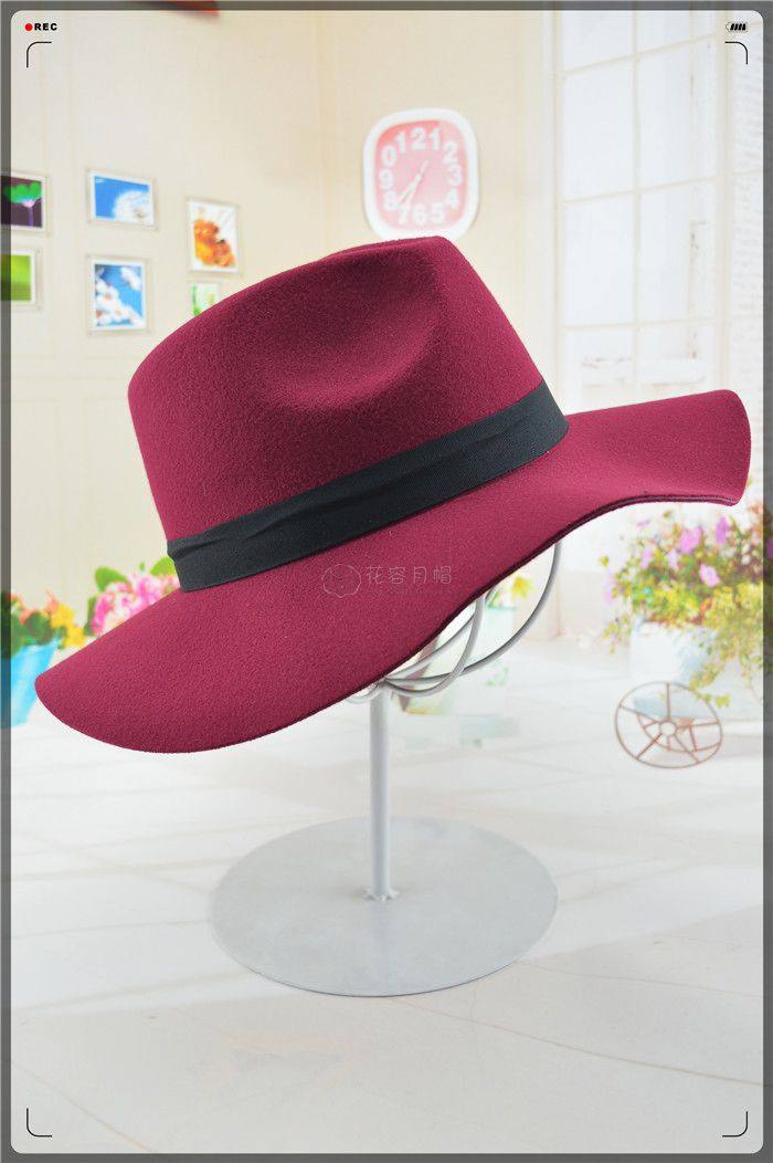 韩版春秋冬男女大沿礼帽波浪羊毛呢爵士帽 呢子礼帽保暖户外帽