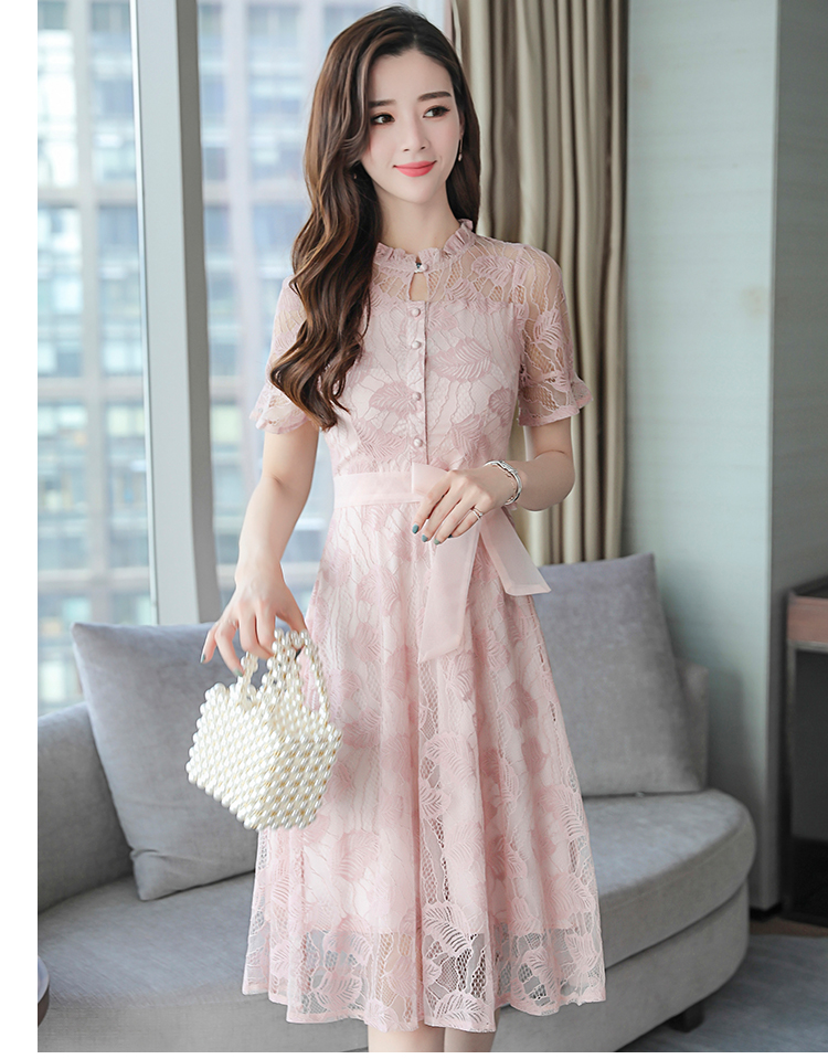 蕾丝连衣裙女装夏季2019新款中长款收腰气质修身显瘦镂空裙子