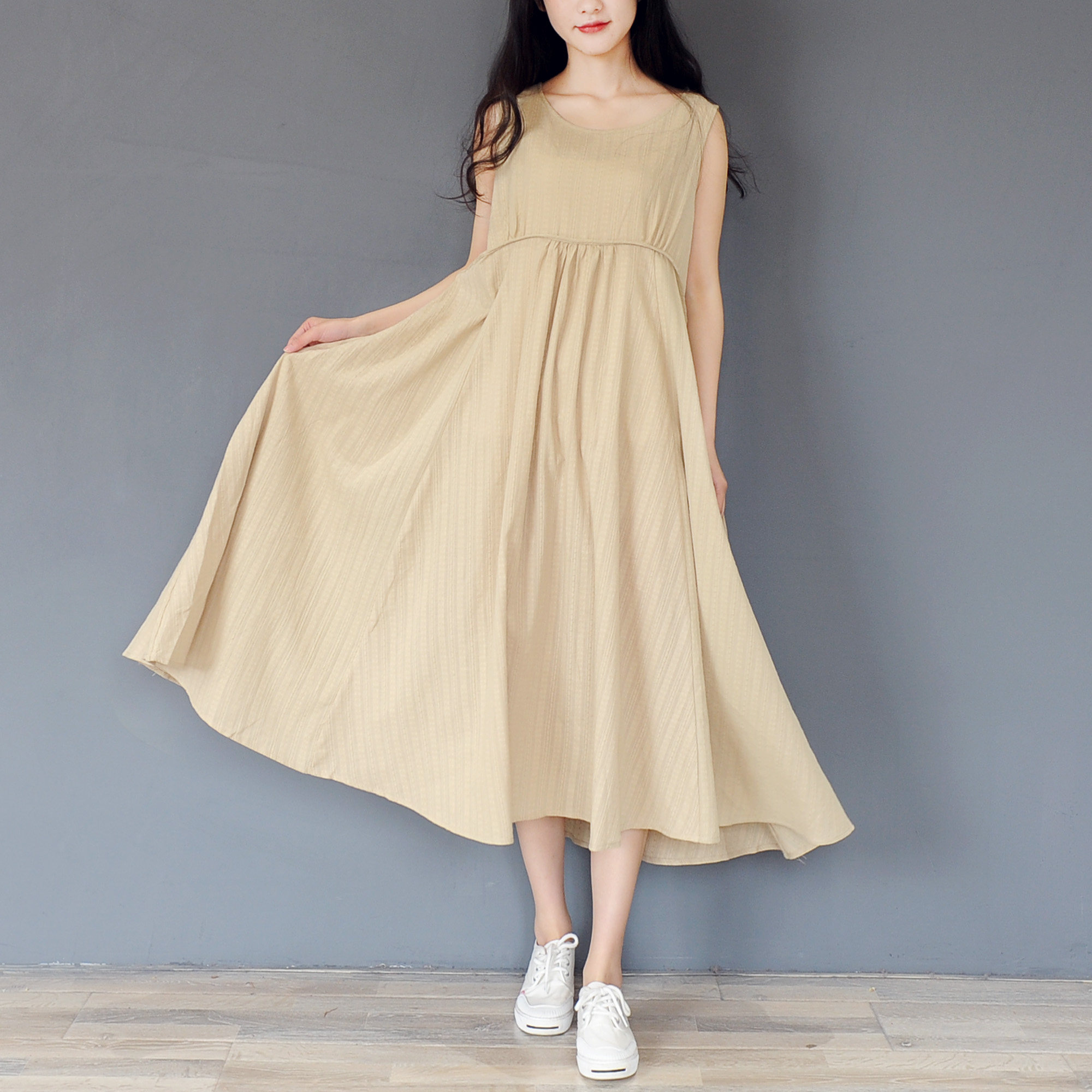 2016夏新款棉麻连衣裙中长款森女文艺小清新大摆胖mm宽松裙子纯色