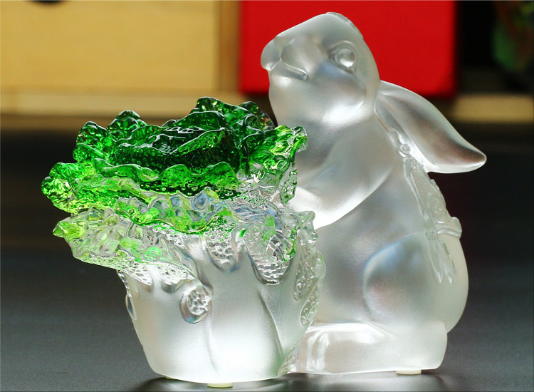 水晶兔子工艺品琉璃白菜玉兔摆件金钱兔吉祥物招财玻璃家居饰品