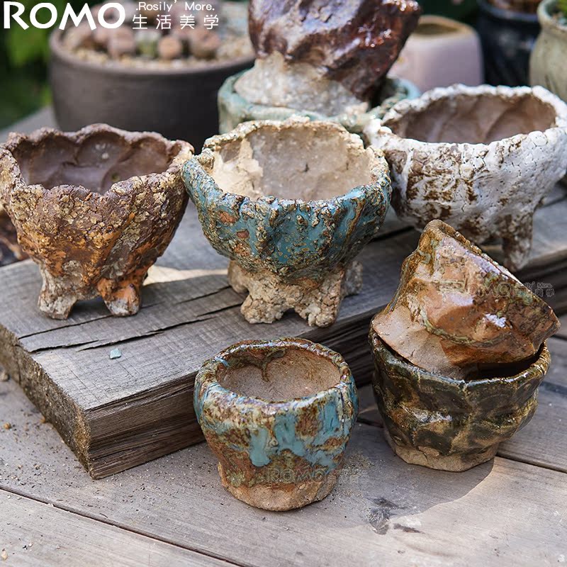 景德镇多肉花盆粗陶控型手捏带脚透气创意多肉植物花盆小拇指盆
