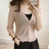 Ice silk sweater womens cardigan short air conditioning shirt with thin short jacket wooden ear side small shawl