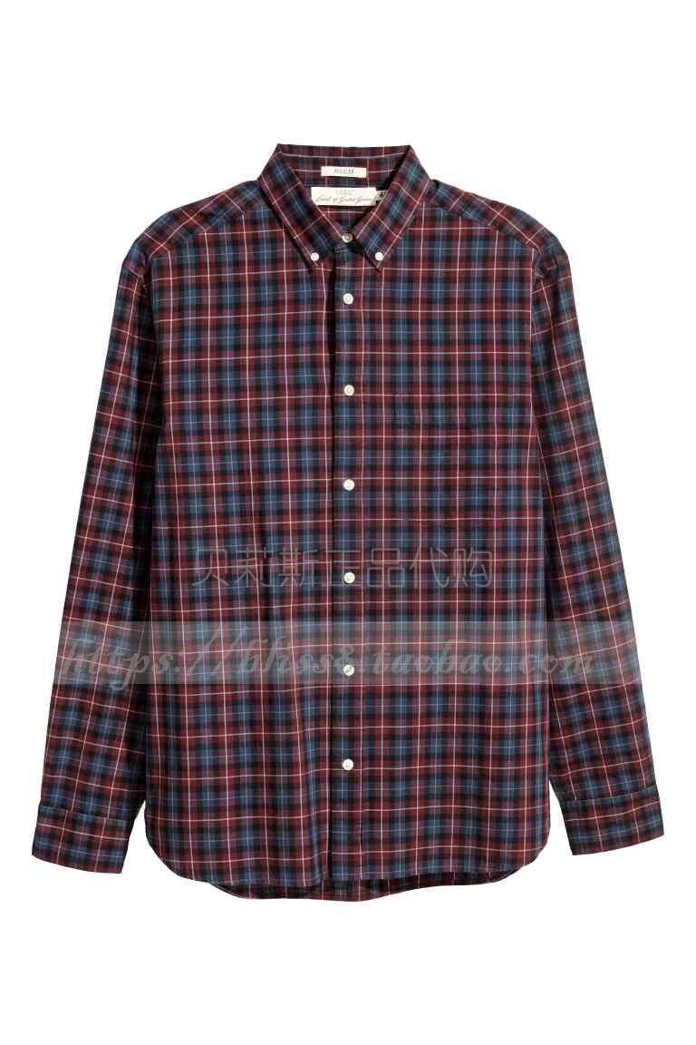 hm 男装正品代购 纽扣领 挺括棉府绸格纹衬衫 0478747_不打折现价188.