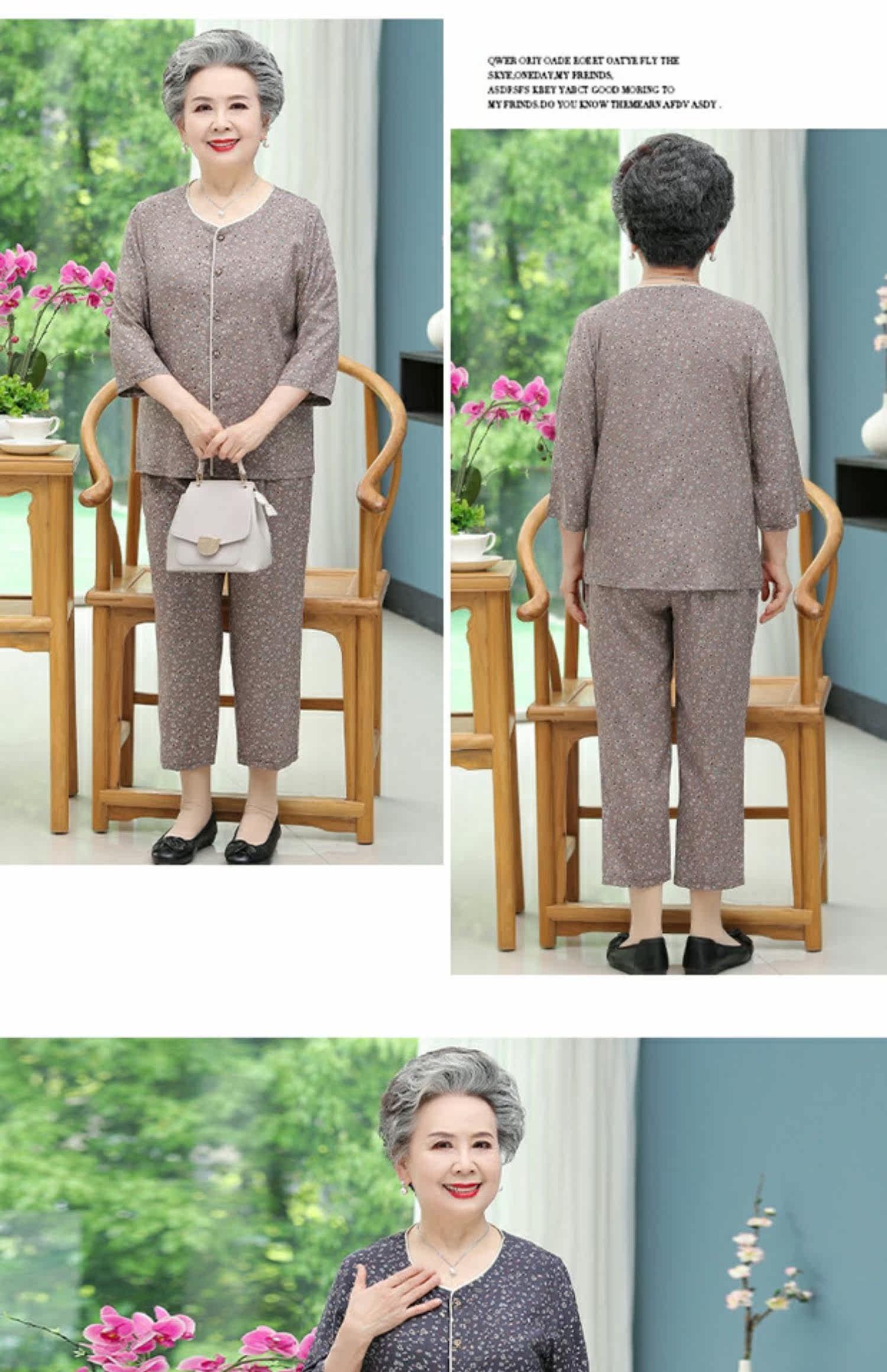 奶奶夏装套装七分袖中老年人女纯棉妈妈夏季衬衣服70岁80老人太太