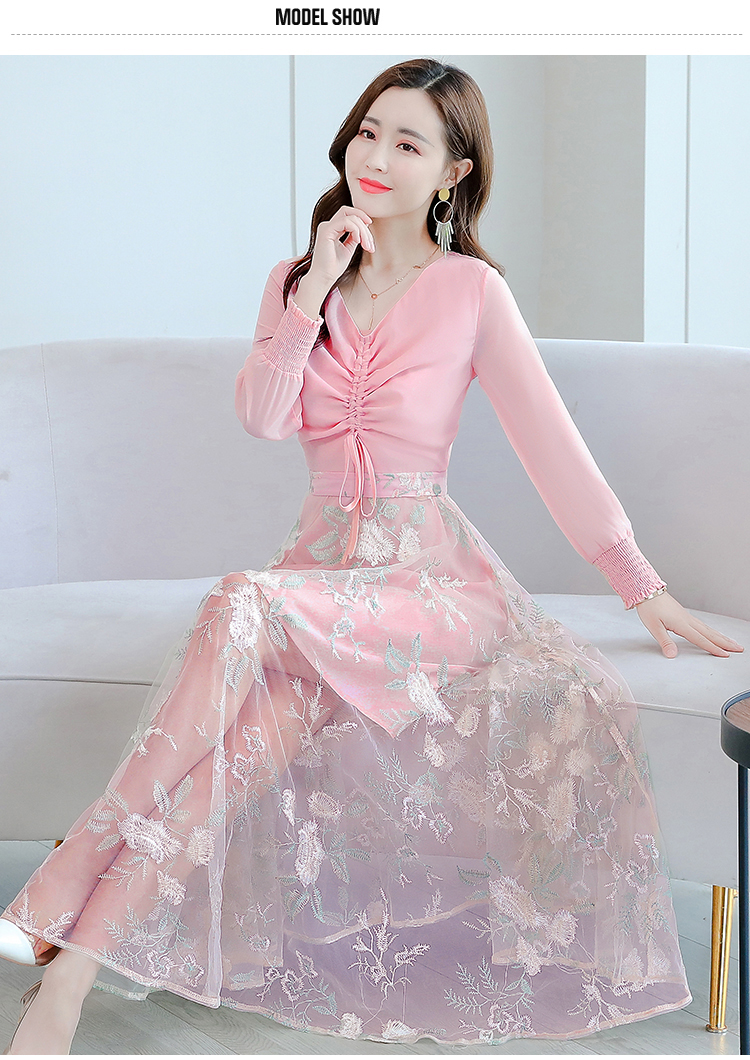 cc2765新款长袖雪纺网纱拼接绣花连衣裙