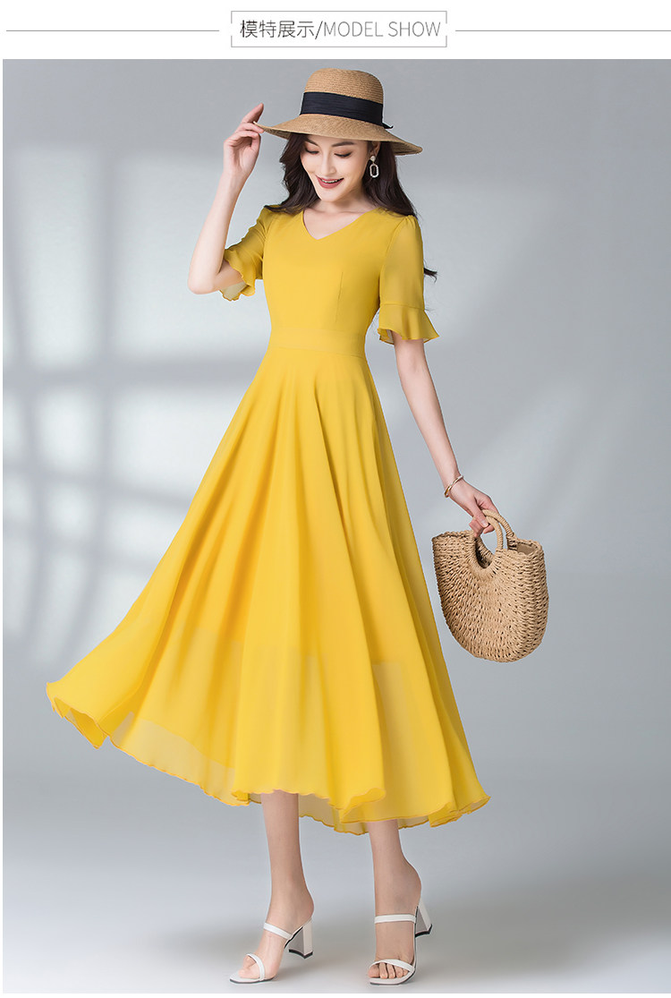 实拍2569#2021夏季新款连衣裙修身气质v领大摆雪纺沙滩连衣长裙