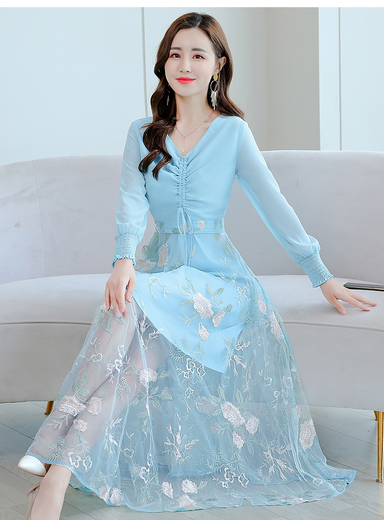 cc2765新款长袖雪纺网纱拼接绣花连衣裙