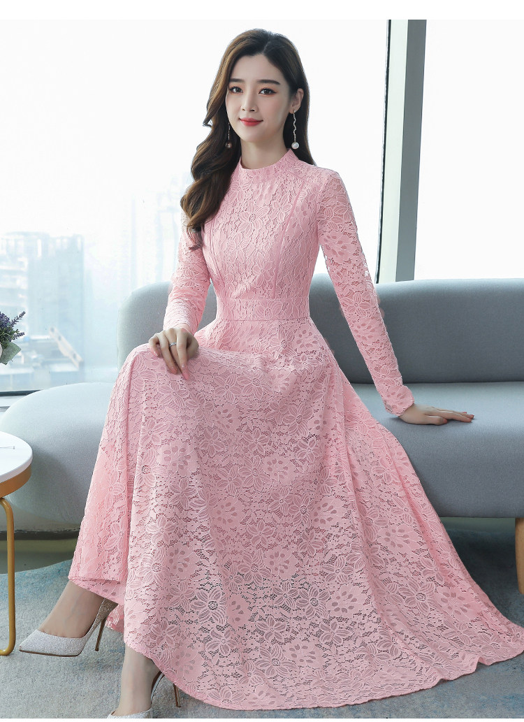 实拍2538#2020春季新款长袖蕾丝连衣裙子修身阔太太气质减龄长裙