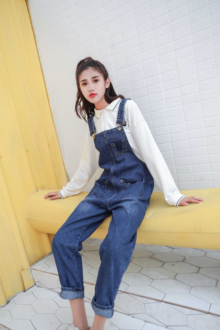 秋款背带裤女九分裤韩版宽松显瘦高腰秋装2017新款时尚显瘦牛仔裤