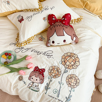 Water wash cotton four-piece cotton cotton quilt cover cartoon girl sunflower embroidery girl heart nude sleep super soft bedding