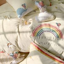 Winter thickened milk velvet four-piece set of fresh rainbow embroidery yellow plus velvet coral velvet double-sided flannel bedding